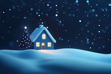 Fototapeta premium Cozy winter scene: A snow-covered house with a lit Christmas tree, bathed in the soft glow of falling snow.
