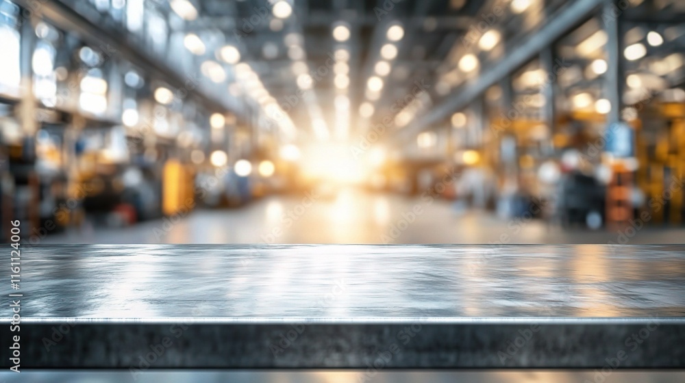 Poster blurred background of a busy factory floor with dynamic lighting