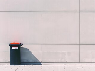 Trash bin in a clean city, in front of an empty wall