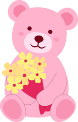 Cute little teddy bear holding bouquet Valentine's Day vector.
Pink bear holding bouquet flat vector illustration.
For celebrating Valentine's Day, wedding or birthday.
Isolated  Valentine's Day icon 