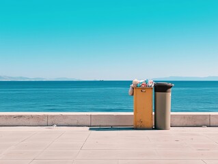 Trash bins in front of the sea, in an empty city street