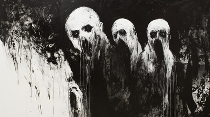 silhouette of three black and white ghosts