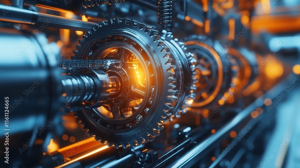 Poster close-up view of engine gears and wheels in motion with glow