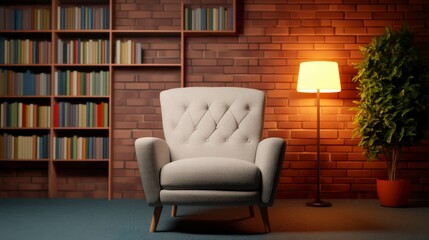 Cozy Armchair in Warm Library Setting with Soft Ambient Light