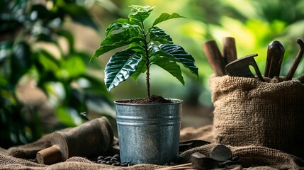 A coffee tree sapling in a galvanized metal bucket, surrounded by vintage farming tools and burlap