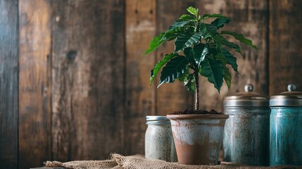 A coffee tree sapling in a weathered ceramic pot, surrounded by vintage coffee jars and burlap fabric
