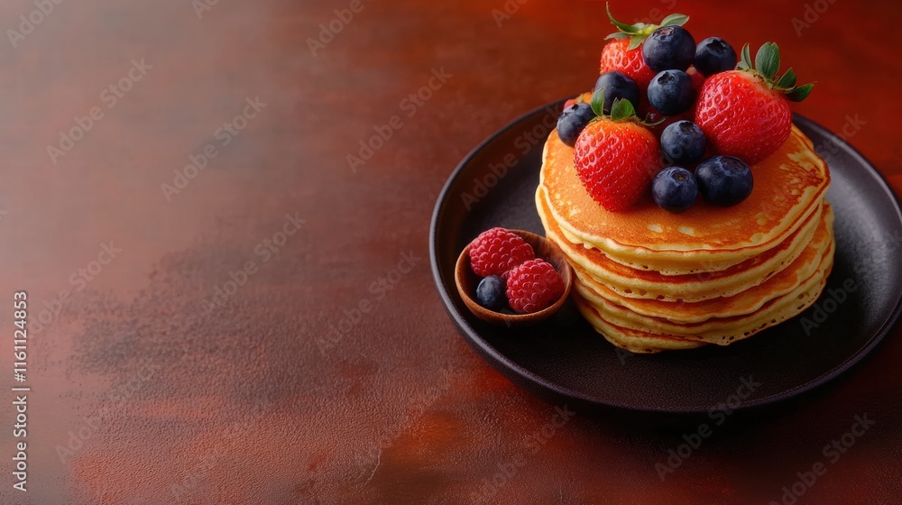 Poster Indulgent stack of golden pancakes topped with fresh strawberries and blueberries on rustic table with space for text. Generative AI