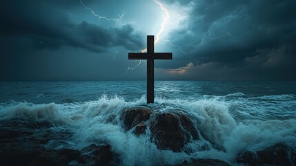 Wooden Christian cross stands firm against turbulent ocean waves under dramatic stormy sky