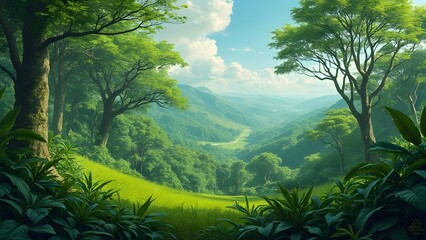 Naklejka premium Lush Vibrant Terrestrial Ecosystem, Rolling Hills, Emerald Forests, Towering Trees, Sunlight Filtering Through Delicate Leaves