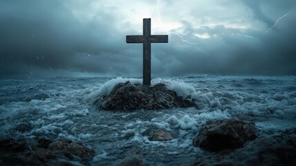 Wooden Christian cross stands resiliently on rocky outcrop amidst stormy seas at dusk