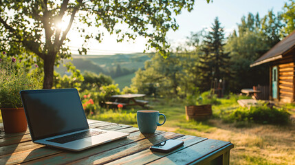 Fototapeta premium Remote Work Setup with Scenic Mountain View