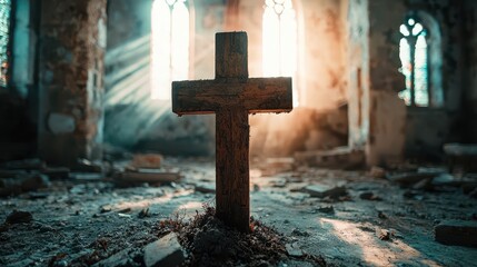 Wooden cross illuminated by sunlight in an abandoned church interior with visible decay