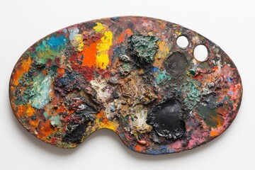 A vibrant artist's palette covered in various paint colors and textures.