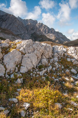 Part of the Mount Pshekhu-Su with huge boulders in the foreground, Republic of Adygea, Russian Federation