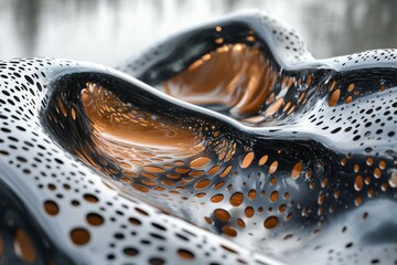 Fototapeta premium Water droplets reflecting light on a textured surface creating an abstract design in a close-up view