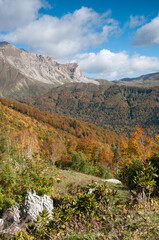 Picturesque autumn view of Caucasus mountains in the Republic of Adygea with a part of Fisht-Oshten massif in the background, Russia