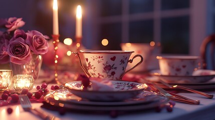 Fototapeta premium A picturesque Valentine's Day dinner table with fine china, rose gold cutlery, and candlelight flickering.