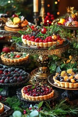 Elegant dessert display featuring colorful tarts adorned with fr