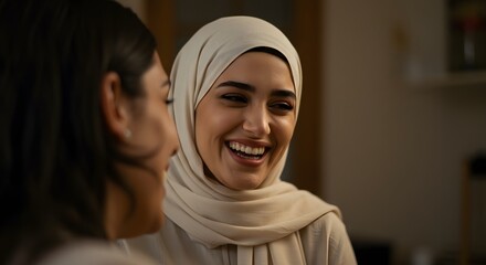 Two women bonding warmly with embrace wearing traditional and colorful scarf during eid