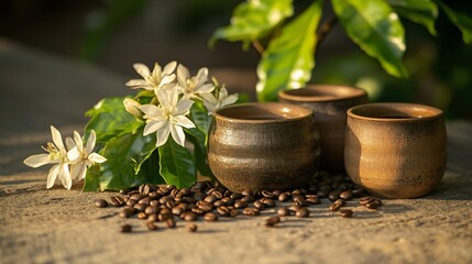 Close up of coffee tree leaves and flowers, with rustic ceramic mugs and scattered coffee beans nearby