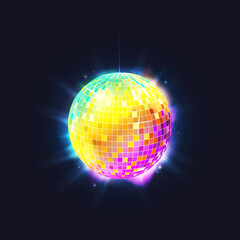 Disco ball vector illustration. Dancing retro sphere with glitter. Night club or holiday party, entertainment event discoball. Decoration circle shiny element for music. Round glass with reflection