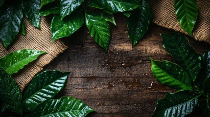 Close up of coffee tree leaves glistening with dew, surrounded by vintage coffee sacks and a weathered wooden table