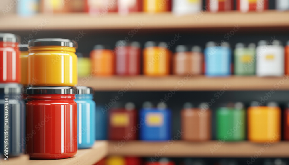 Poster inventory management order planning. colorful jars on shelves create a vibrant and organized display