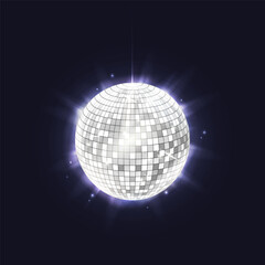 Vector shiny disco ball for night club. Party shining sphere for entertainment and celebration. Nightclub dj equipment with reflection. 90s or 80s globe for discotheque. Clubbing and nightlife holiday