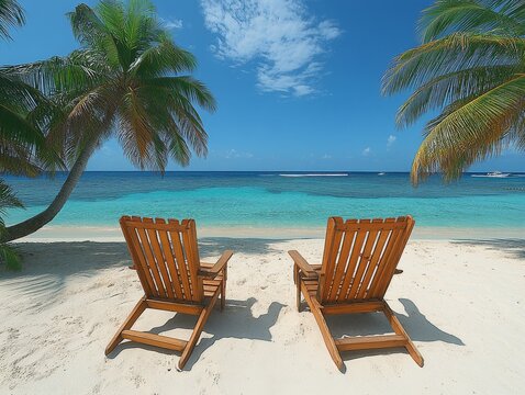 A serene beach scene with two wooden lounge chairs facing the ocean under palm trees.