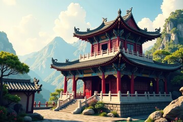 Fototapeta premium Ancient Chinese pagoda with intricate carvings and ornate details , wooden beams, traditional design, temple architecture