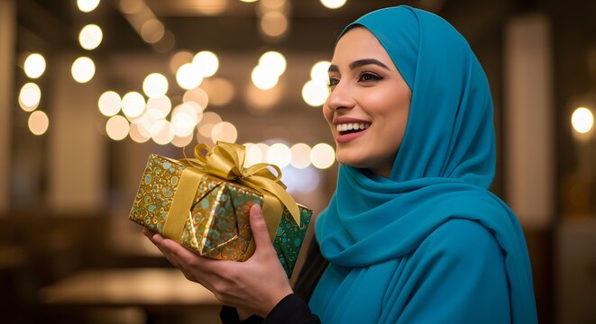 Cheerful woman in blue hijab holding gift box during joyful Eid celebration, presenting a beautifully wrapped gift box, symbolizing the joy and generosity of Eid festivities