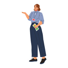 Vector cartoon woman work as tour guide. Character with tourist map at excursion. Profession for traveler and adventure, journey. Sightseeing career or holiday adviser. Trip service. Vacation card
