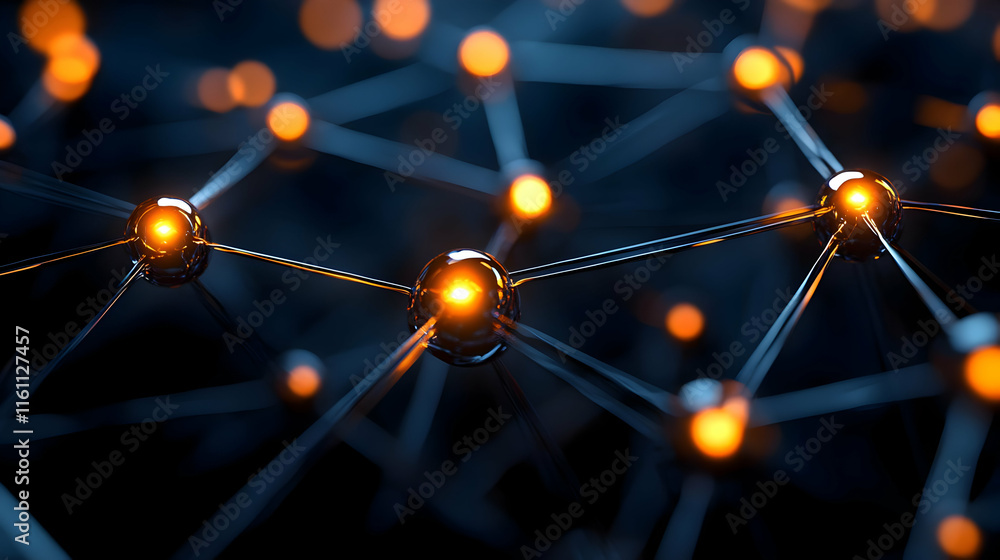 Poster abstract network connection, glowing nodes and lines, digital technology background.