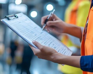 A construction worker in an orange vest reviews an inspection checklist on a clipboard, highlighting the importance of safety and compliance in the workplace.