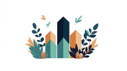 Colorful geometric shapes with tropical plants on a white background