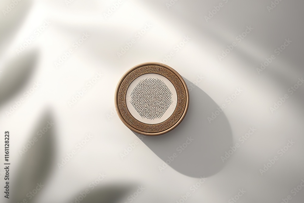 Poster flat vector of single tasbih placed in circular shape on matte white surface with soft shadows