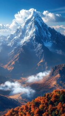Majestic Snow-Capped Mountain Peak with Autumnal Foliage and Clouds