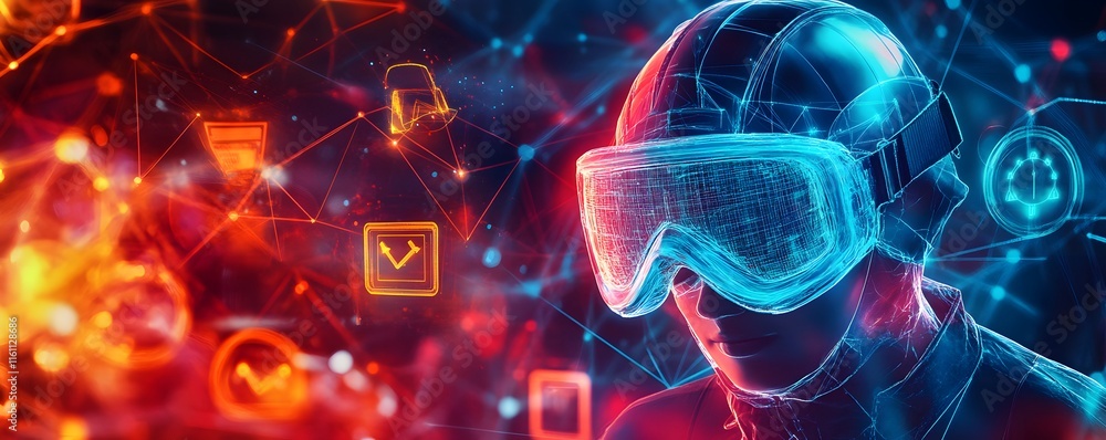 Poster a person immersed in virtual reality, showcasing a futuristic environment filled with glowing digita