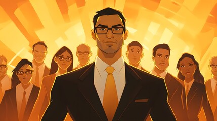 A powerful leader stands confidently in front of a diverse group of professionals, embodying teamwork and success in a vibrant, dynamic setting filled with potential.