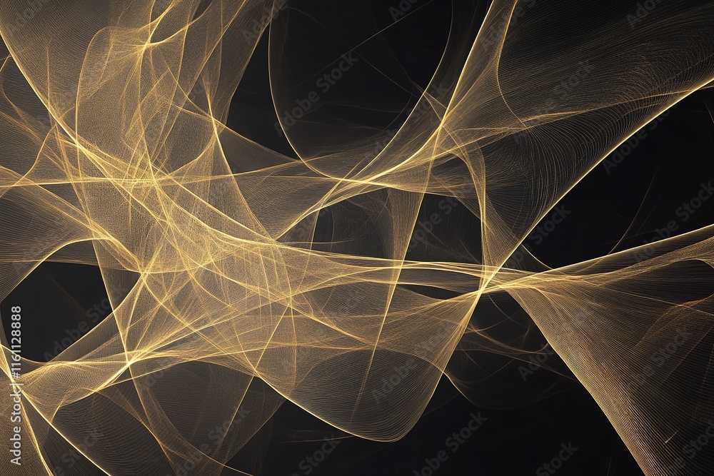 Poster minimalistic abstract background with thin golden lines forming intricate geometric patterns on dark