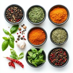 Colorful Arrangement of Spices and Herbs in Bowls on White Background