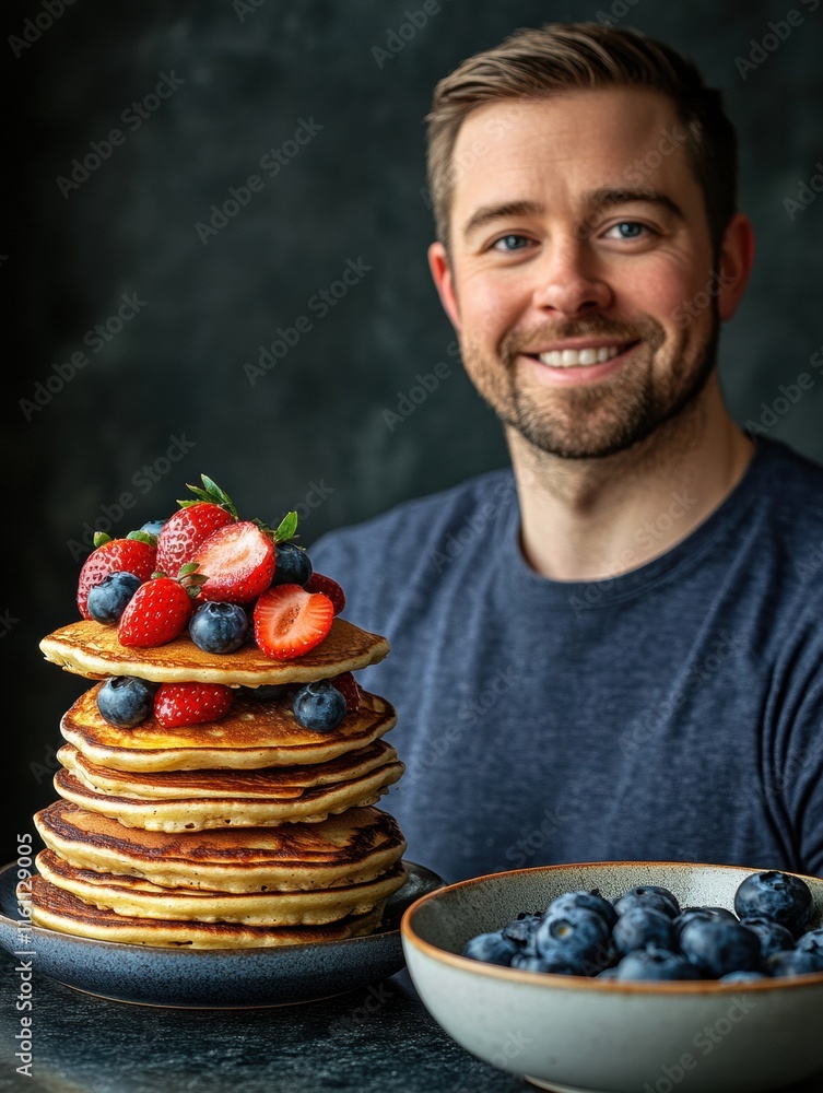 Poster Delicious stack of golden pancakes topped with fresh strawberries and blueberries with space for text. Generative AI