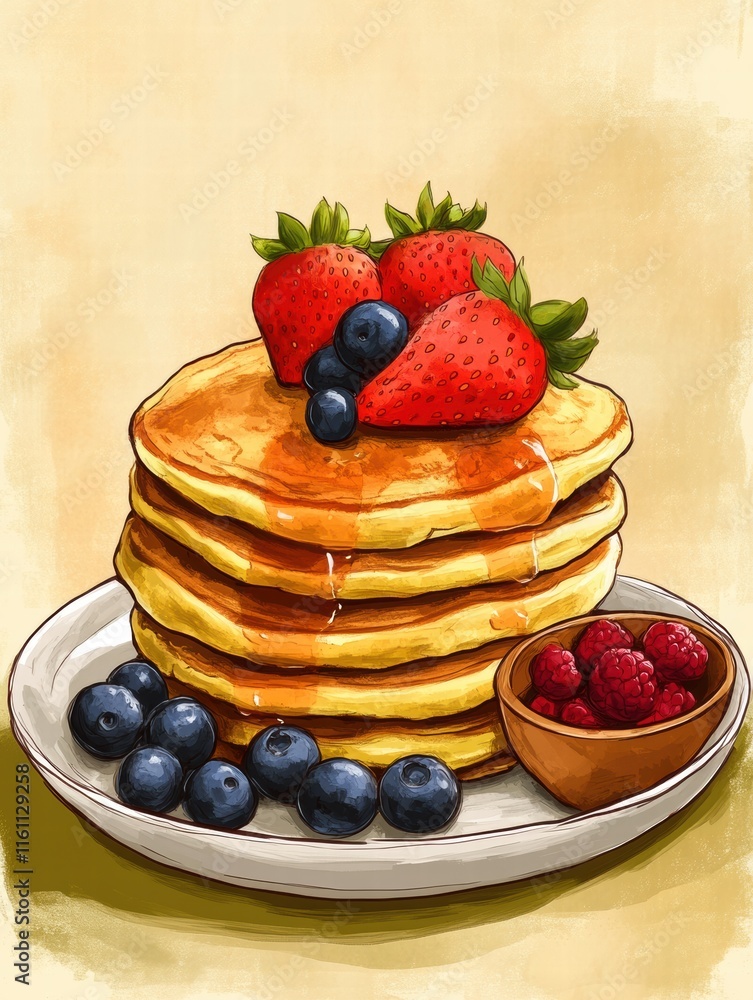 Poster golden pancakes stacked high topped with fresh strawberries and blueberries ready for breakfast in a