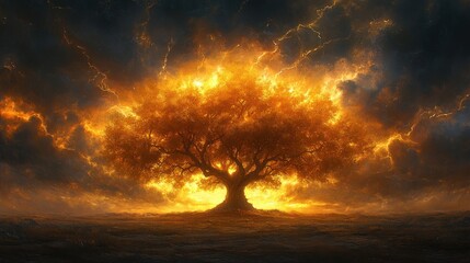 A majestic tree illuminated by fiery colors against a dramatic sky.