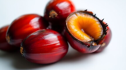 Obraz premium Close-up of Palm Fruit: Red and Orange Hues, Rich in Oil
