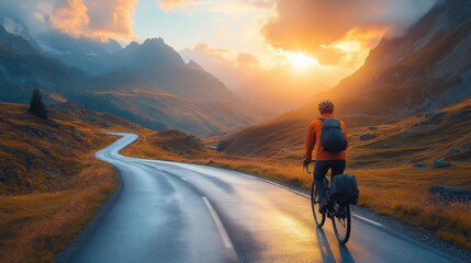 Cyclist enjoys sunset ride along winding road in mountainous landscape