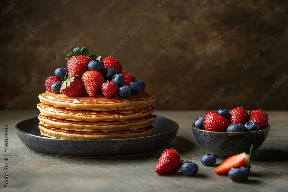 Poster Stacked golden pancakes topped with fresh strawberries and blueberries on a rustic table with blank space for text. Generative AI