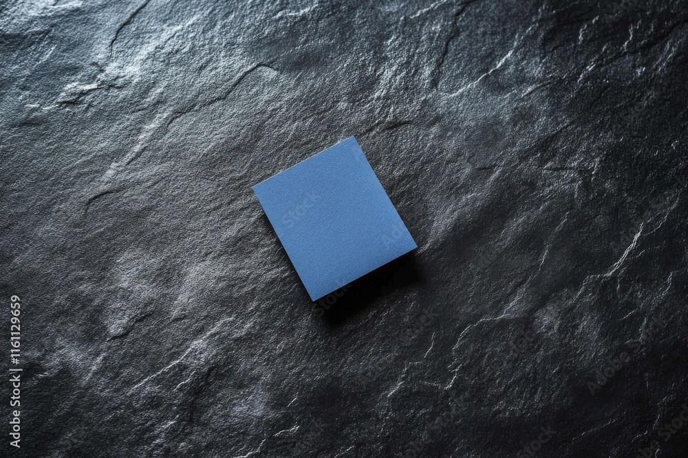 Poster a simple blue square on a textured dark surface, emphasizing minimalism and design.
