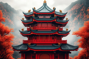 Obraz premium Chinese landscape with pagoda. Traditional asian architecture. Oriental traditional painting.