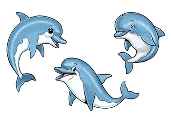 Set with three funny dolphins. Isolated drawing with funny animals. Coloring template for kids.